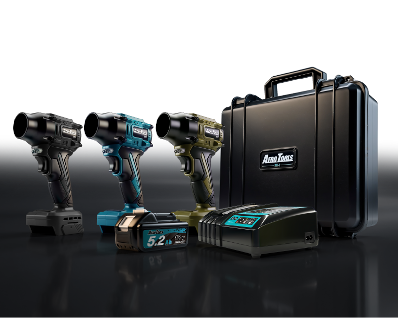 AERO TOOLS MK-2 スターターセット。3色のMK-2、バッテリー、充電器、専用ケース