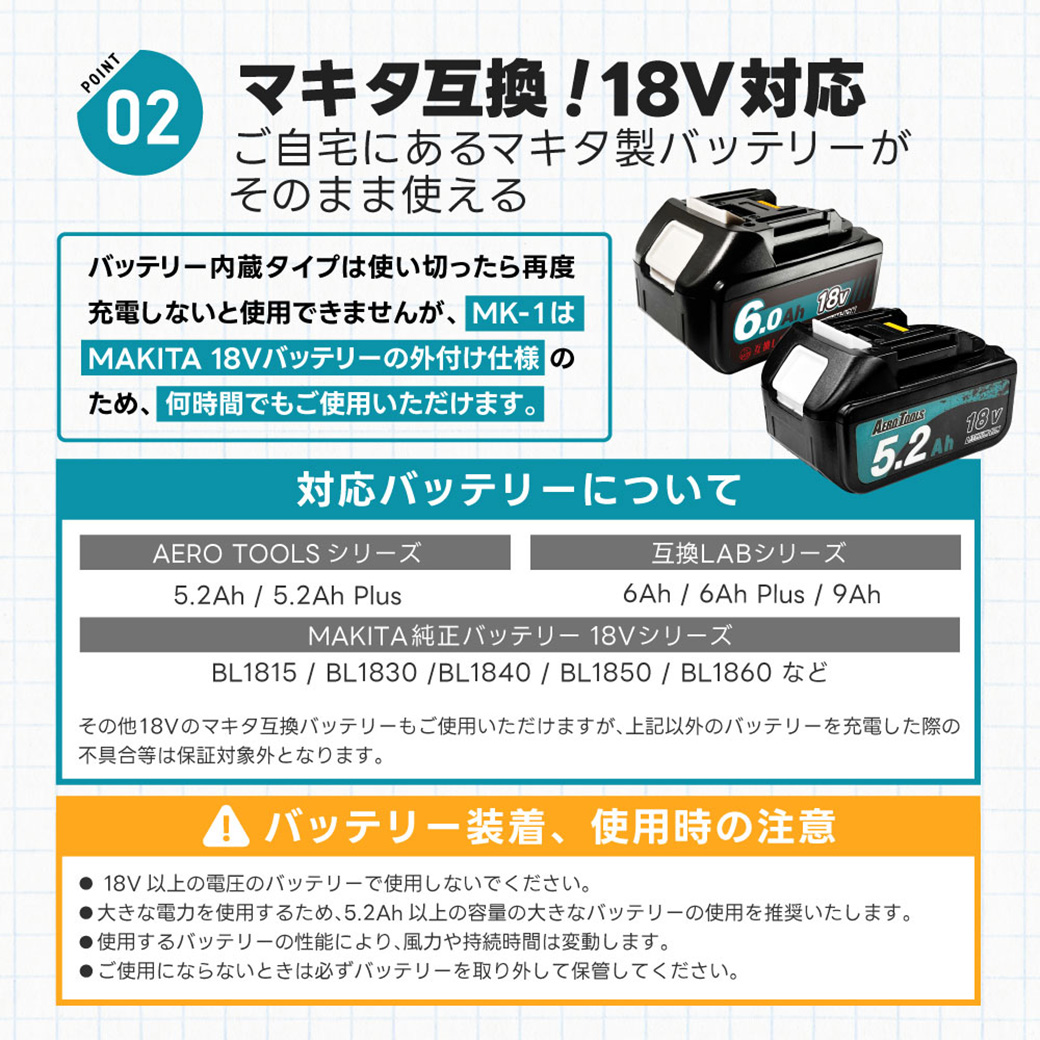 AERO TOOLS MK-2のマキタ18V互換バッテリー対応と使用可能バッテリー